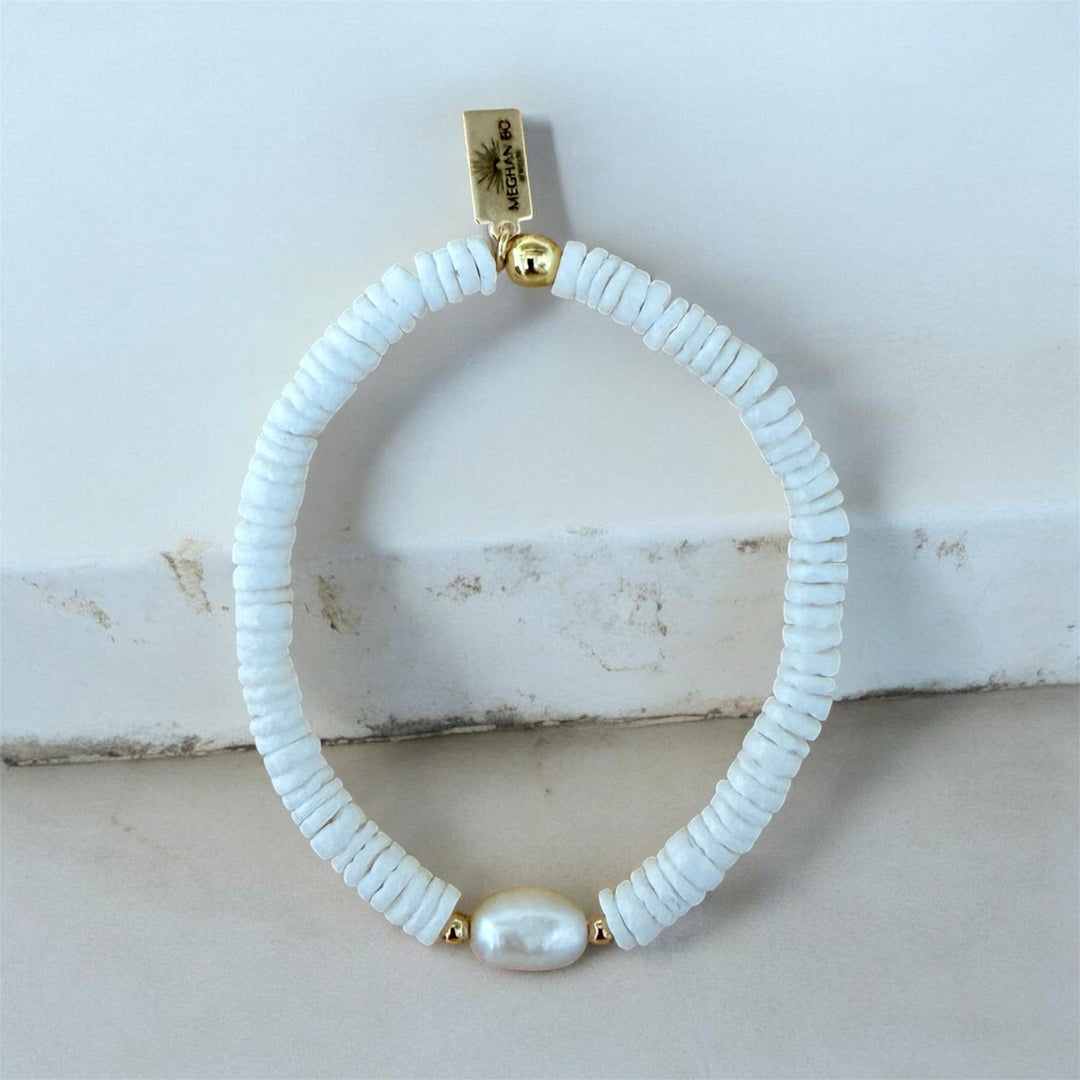 Puka Shell and White Pearl Bracelet