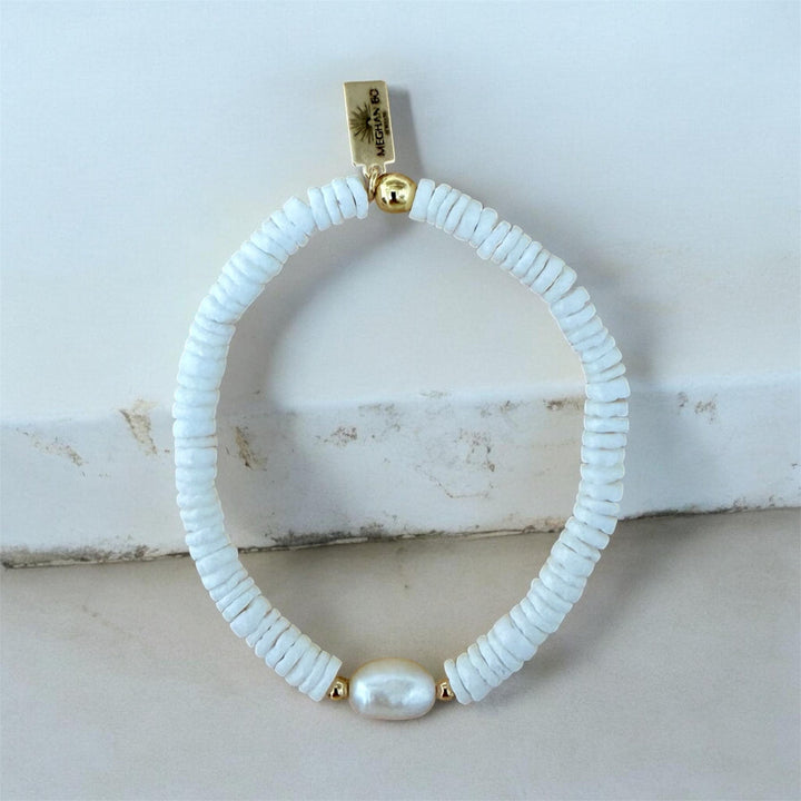 Puka Shell and White Pearl Bracelet