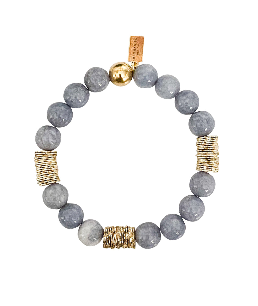 Gray jade beads with gold fill accent beads made by Meghan Bo Designs.